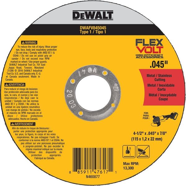 DeWALT DWAFV845045B5 Cutting Wheel, 4-1/2 in Dia, 0.045 in Thick, 7/8 in Arbor, 24 Grit, Medium, Ceramic Abrasive