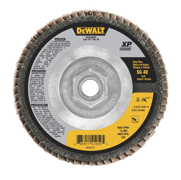 DeWALT XP Ceramic DWA8280H Flap Disc, 4-1/2 in Dia, 5/8-11 Arbor, 40 Grit, Coarse, Ceramic Abrasive, Cloth Backing