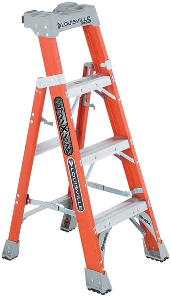 Louisville FXS1504 Cross Step Ladder, 102 in Max Reach H, 4-Step, 300 lb, Type IA Duty Rating, 3 in D Step, Fiberglass