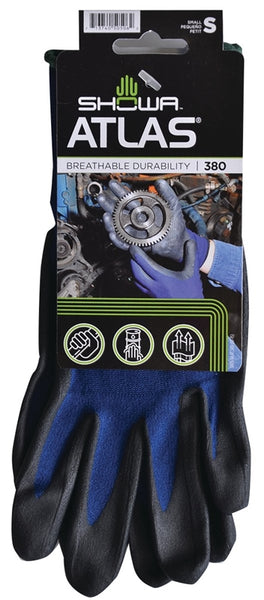 ATLAS 380S-06.RT Lightweight Coated Gloves, S, 8-21/32 to 10-15/64 in L, Elastic Cuff, Nitrile Foam Coating, Black/Blue