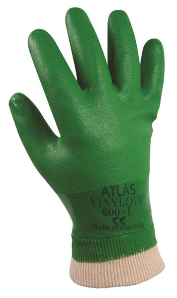ATLAS 600L-09.RT Ultra-Flexible Coated Gloves, L, Knit Wrist Cuff, PVC Glove, Green