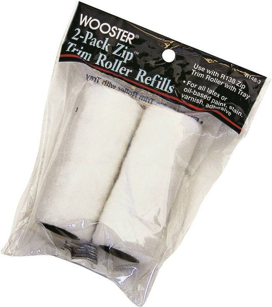 WOOSTER ZIP R148-3 Mini Trim Roller Refill, 3/16 in Thick Nap, 3 in L, Fabric Cover