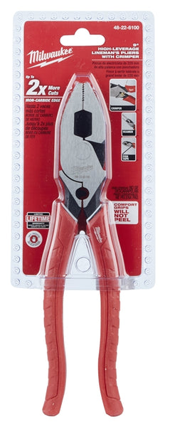 Milwaukee 48-22-6100 Lineman's Plier with Crimper, 9 in OAL, 1.77 in Cutting Capacity, Red Handle, Comfort-Grip Handle