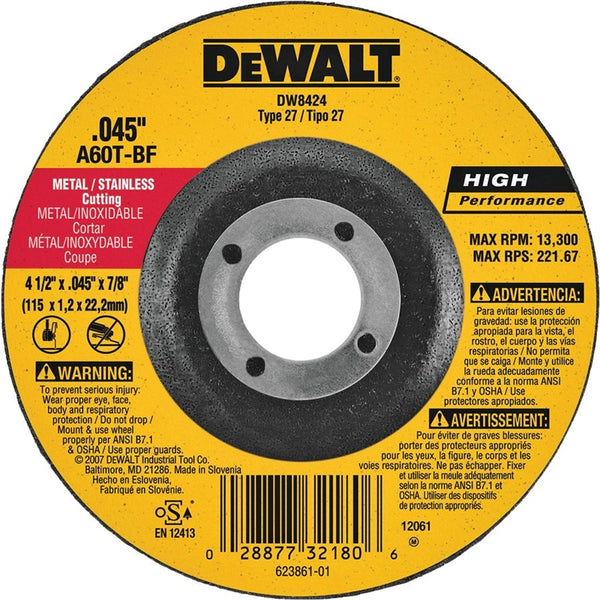 DeWALT DW8424 Cutting Wheel, 4-1-2 in Dia, 0.045 in Thick, 7-8 in Arbor, 60 Grit, Aluminum Oxide Abrasive