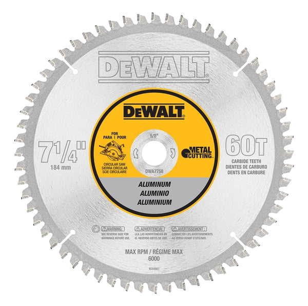 DeWALT DWA7758 Circular Saw Blade, 7-1/4 in Dia, 5/8 in Arbor, 60-Teeth, Carbide Cutting Edge
