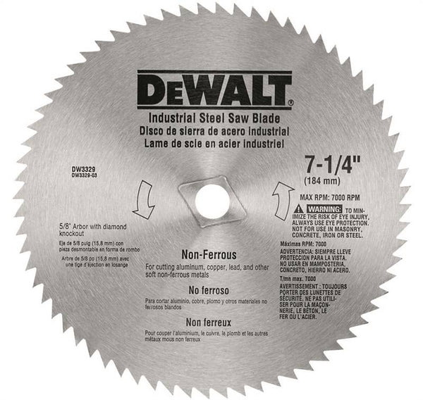 DeWALT DW3329 Saw Blade, 7-1/4 in Dia, 5/8 in Arbor, 68-Teeth, Steel Cutting Edge