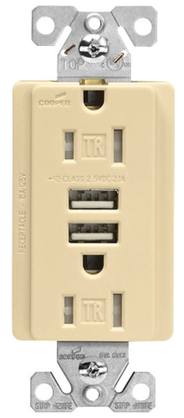 EATON TR7755V-K-L Receptacle, 15 A, 125 V, 2 -USB Port, NEMA: NEMA 5-15R, Ivory