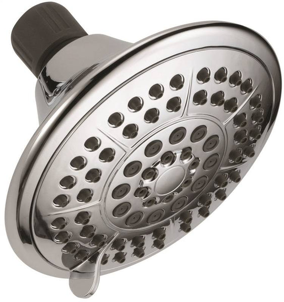 DELTA 75554C Shower Head, Round, 1.75 gpm, 1/2 in Connection, IPS, 5-Spray Function, Plastic, Chrome, 4-15/16 in Dia