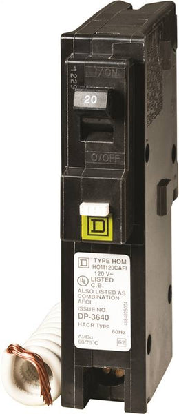 Square D HOM120CAFIC Circuit Breaker, AFCI, Combination, 20 A, 1 -Pole, 120 V, Fixed Trip, Plug Mounting