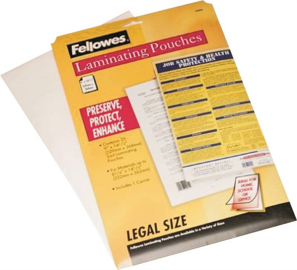 Centurion Fellowes 52006 Laminating Pouch, 8-1/2 in L, 14 in W, 3 mil Thick, Clear