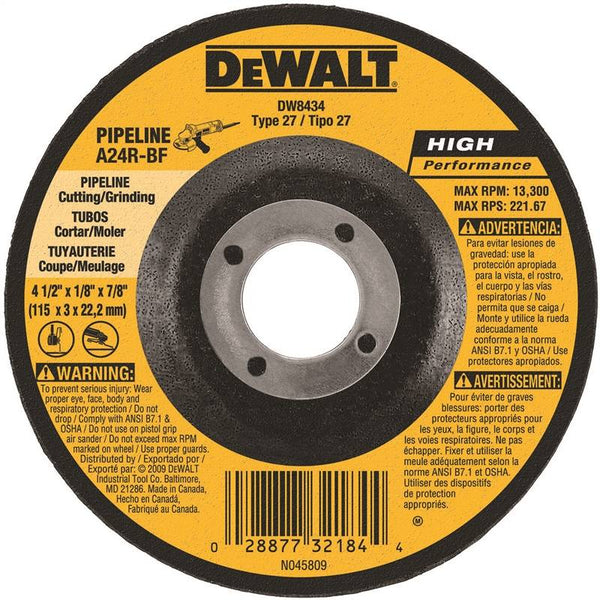 DeWALT DW8434 Grinding Wheel, 4-1/2 in Dia, 1/8 in Thick, 5/8 in Arbor, 24 Grit, Very Coarse
