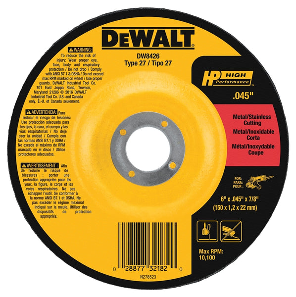 DeWALT DW8426 Cutting Wheel, 6 in Dia, 0.045 in Thick, 7-8 in Arbor, 60 Grit, Aluminum Oxide Abrasive