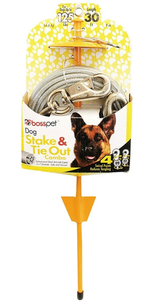Boss Pet PDQ Q5730DOM99 Tie-Out/Dome Stake Combo, 30 ft L Belt/Cable, For: Dogs Up to 125 lb