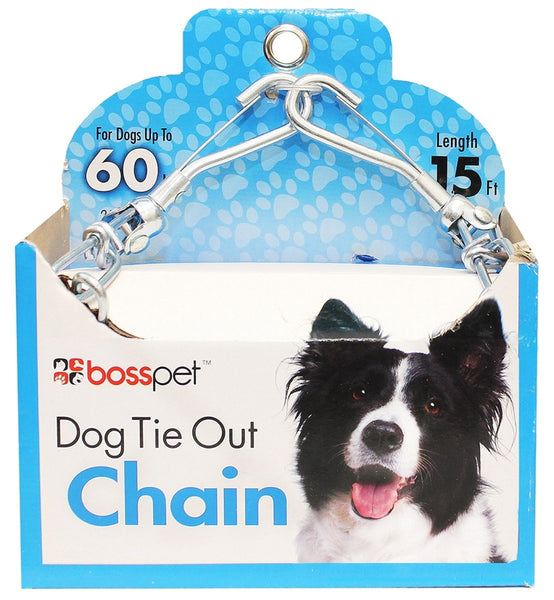 Boss Pet PDQ 43715 Pet Tie-Out Chain, Twist Link, 15 ft L Belt/Cable, Steel, For: Large Dogs up to 60 lb