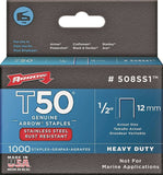 Arrow T50 Series 508SS1 Flat Crown Staple, 3/8 in W Crown, 1/2 in L Leg