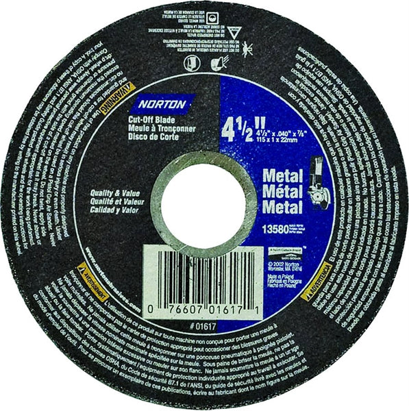 NORTON 07660701617 Cut-Off Wheel, 4-1-2 in Dia, 0.04 in Thick, 7-8 in Arbor, 60 Grit, Fine