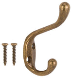ProSource H6271007AB-PS Coat and Hat Hook, 22 lb, 2-Hook, 1-1/64 in Opening, Zinc, Antique Brass