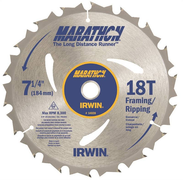 IRWIN MARATHON 14028 Circular Saw Blade, 7-1/4 in Dia, 5/8 in Arbor, 18-Teeth, Carbide Cutting Edge