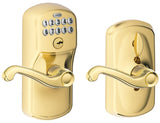 Schlage FE Series FE595 PLY 505 FLA Keypad Lock with Flex-Lock, Different Key, Bright Brass, Flair Lever Interior Handle