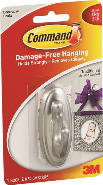 Command 17051BN Decorative Hook, 3 lb, 1-Hook, Plastic, Silver, Brushed Nickel