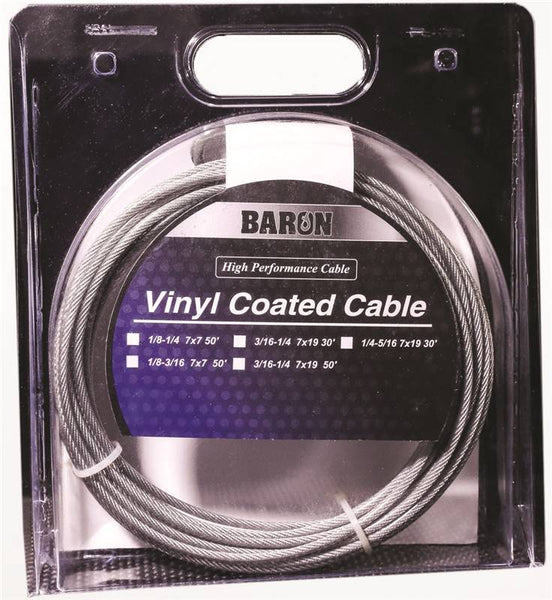 BARON 50201/50210 Aircraft Cable, 1/8 to 3/16 in Dia, 50 ft L, 340 lb Working Load, Galvanized Steel