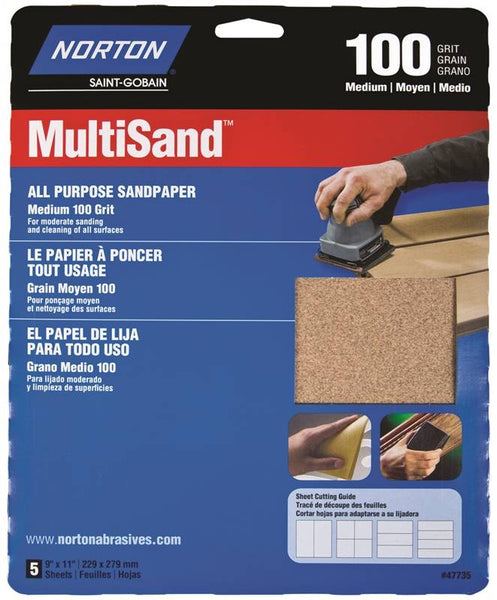 NORTON MultiSand 07660747735 Abrasive Sheet, 11 in L, 9 in W, Medium, P100 Grit, Aluminum Oxide Abrasive