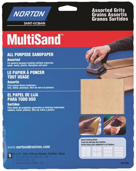 NORTON MultiSand 07660747765 Sanding Sheet, 11 in L, 9 in W, Aluminum Oxide Abrasive, Paper Backing