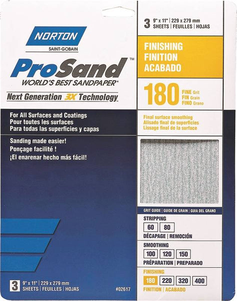 NORTON ProSand 07660768159 Sanding Sheet, 11 in L, 9 in W, Fine, 180 Grit, Aluminum Oxide Abrasive, Paper Backing