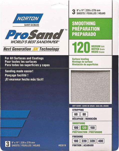 NORTON ProSand 07660768161 Sanding Sheet, 11 in L, 9 in W, Medium, 120 Grit, Aluminum Oxide Abrasive