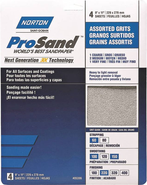 NORTON ProSand 07660705386 Sanding Sheet, 11 in L, 9 in W, Aluminum Oxide Abrasive, Fiber Backing