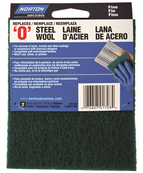 NORTON 01728 Steel Wool, 4-3/8 in L, 5-1/2 in W, #0 Grit, Fine, Green