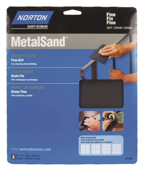 NORTON MetalSand 07660747805 Sanding Sheet, 11 in L, 9 in W, Fine, Emery Abrasive, Cloth Backing