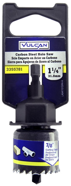 Vulcan 941101OR Hole Saw, 1-1/4 in Dia, 3/4 in D Cutting, 3 in Arbor, HCS Cutting Edge, 3 in Pilot Drill