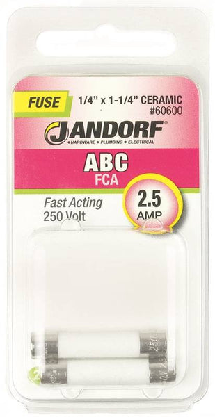 Jandorf 60600 Fast Acting Fuse, 2.5 A, 250 V, 100 A, 10 kA Interrupt, Ceramic Body