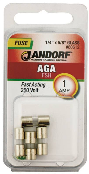 Jandorf 60612 Fast Acting Fuse, 1 A, 250 V, 35 A, 10 kA Interrupt, Glass Body