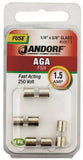 Jandorf 60613 Fast Acting Fuse, 1.5 A, 250 V, 100 A, 10 kA Interrupt, Glass Body