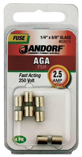 Jandorf 60615 Fast Acting Fuse, 2.5 A, 250 V, 100, 200 A Interrupt, Glass Body