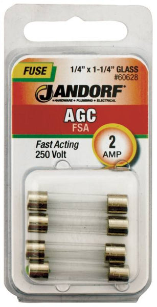 Jandorf 60628 Fast Acting Fuse, 2 A, 250 V, 100 A, 10 kA Interrupt, Glass Body