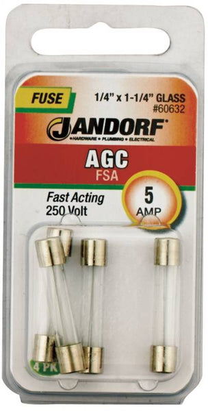 Jandorf 60632 Fast Acting Fuse, 5 A, 250 V, 200 A, 10 kA Interrupt, Glass Body