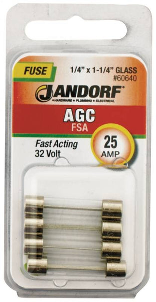 Jandorf 60640 Fast Acting Fuse, 25 A, 32 V, 1 kA Interrupt, Glass Body