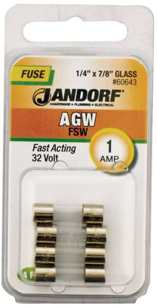 Jandorf 60643 Fast Acting Fuse, 1 A, 32 V, 10 kA Interrupt, Glass Body