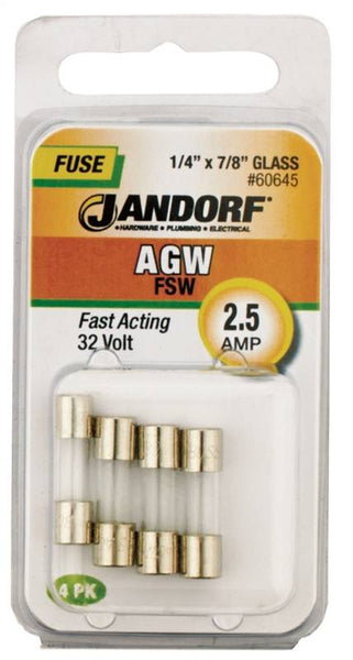 Jandorf 60645 Fast Acting Fuse, 2.5 A, 32 V, 10 kA Interrupt, Glass Body