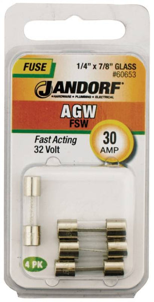 Jandorf 60653 Fast Acting Fuse, 30 A, 32 V, 10 kA Interrupt, Glass Body