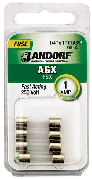 Jandorf 60655 Fast Acting Fuse, 1 A, 250 V, 35 A, 10 kA Interrupt, Glass Body