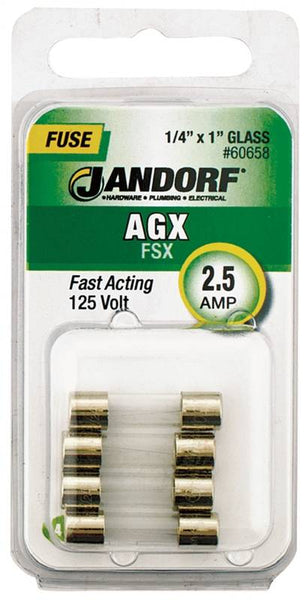 Jandorf 60658 Fast Acting Fuse, 2.5 A, 125 V, 100 A, 10 kA Interrupt, Glass Body