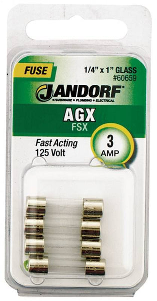 Jandorf 60659 Fast Acting Fuse, 3 A, 125 V, 100 A, 10 kA Interrupt, Glass Body