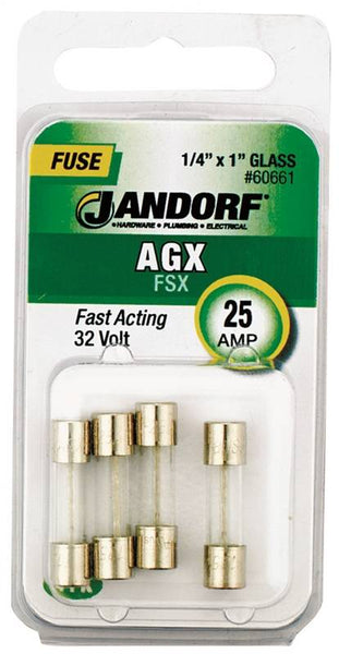 Jandorf 60661 Fast Acting Fuse, 25 A, 32 V, 100, 1000 A Interrupt, Glass Body