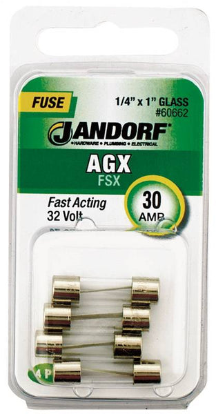 Jandorf 60662 Fast Acting Fuse, 30 A, 32 V, 100, 1000 A Interrupt, Glass Body