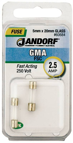 Jandorf 60684 Fast Acting Fuse, 2.5 A, 250 V, 100 A, 10 kA Interrupt, Glass Body