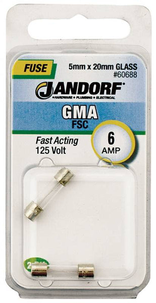 Jandorf 60688 Fast Acting Fuse, 6 A, 125 V, 10 kA Interrupt, Glass Body